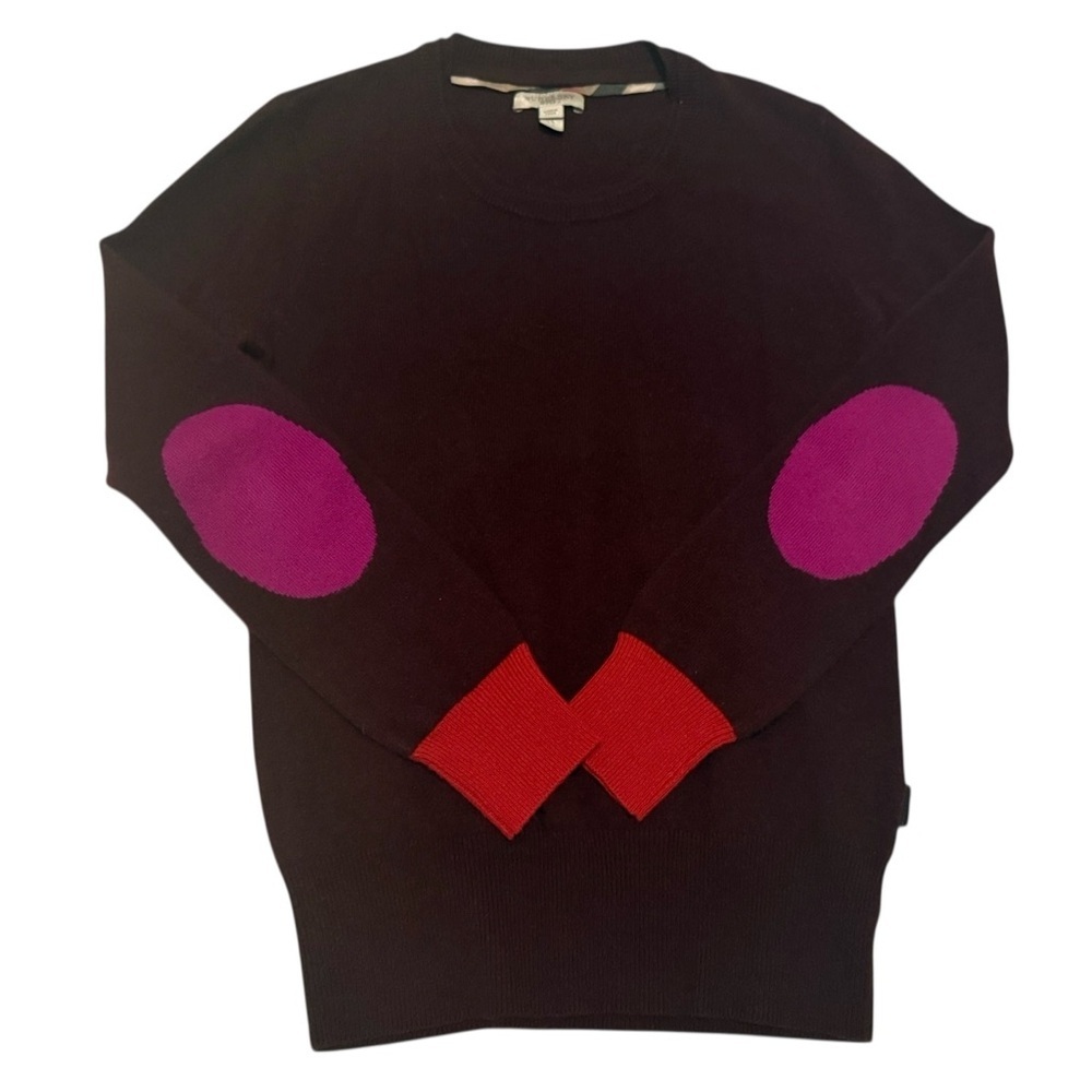 Burberry Brit Burgundy Cashmere Sweater w/ Pink Elbow Patches & Red Cuffs, XS